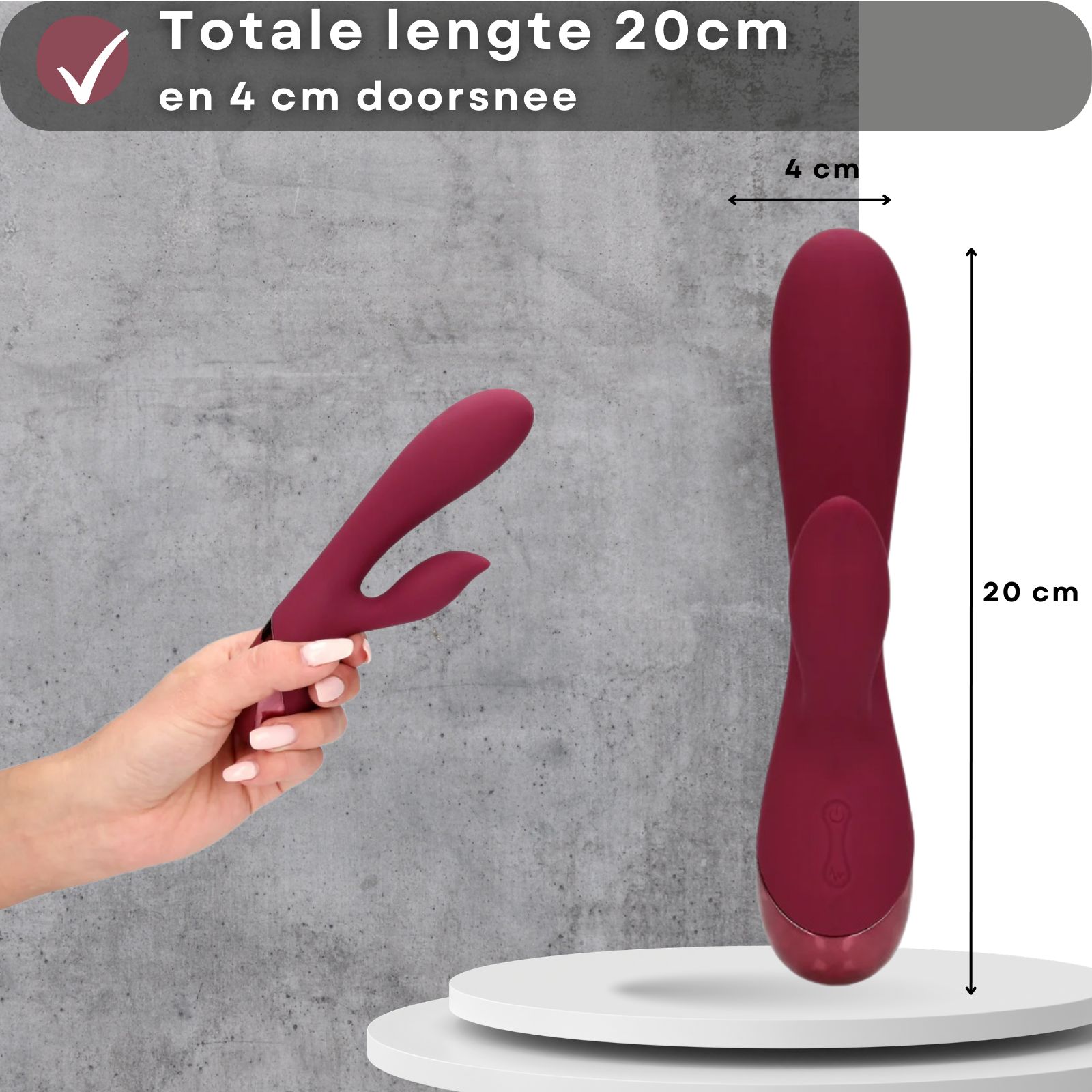Rode siliconen vibrator. Afmetingen: 20cm lang, 4cm diameter.