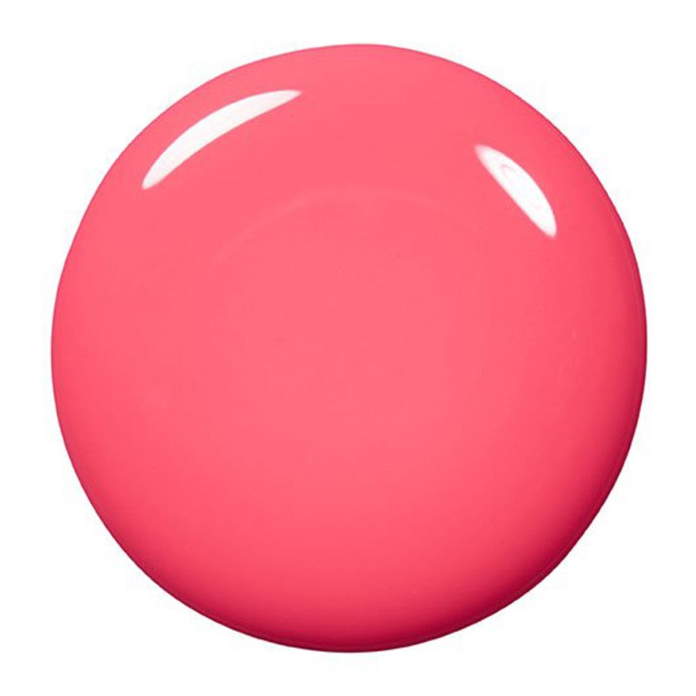 Een ronde druppel Essie nagellak in Cute As A Button, levendig koraalroze.
