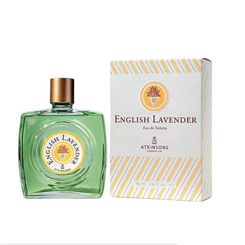 Flacon et boîte English Lavender. Flacon carré, vert clair, bouchon doré. Boîte rayée blanc et jaune.