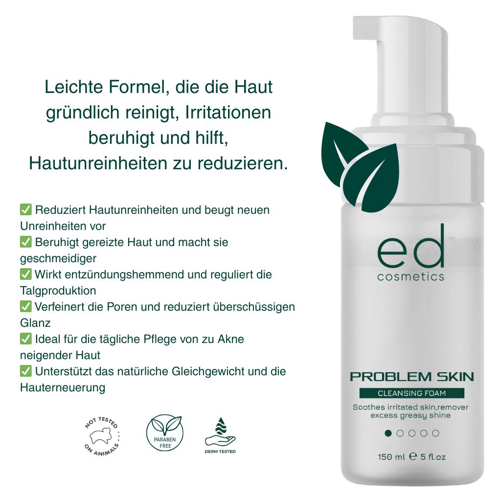 Flacon blanc avec pompe. Inscription: ed cosmetics, PROBLEM SKIN CLEANSING FOAM. Texte et feuilles vertes.