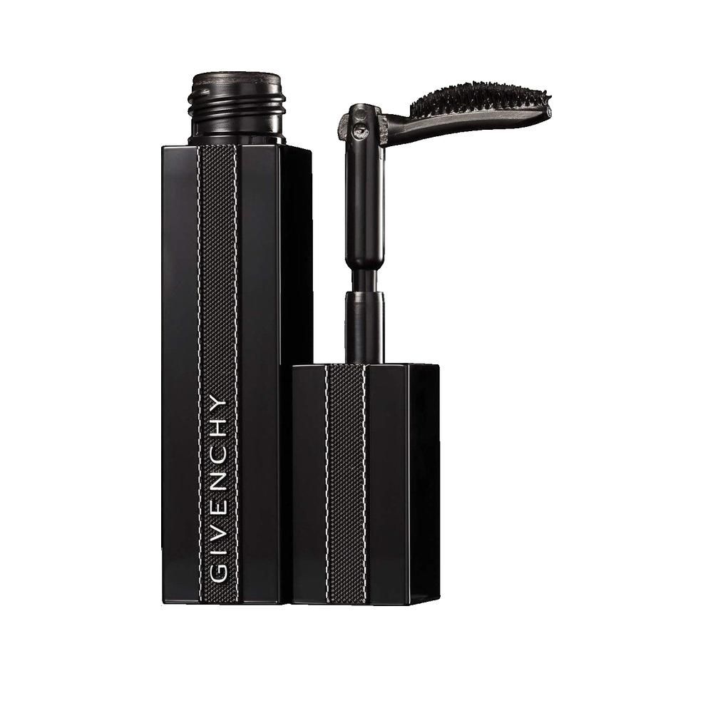 Tube de mascara noir avec brosse. Inscription Givenchy. Bandes verticales sur le tube.