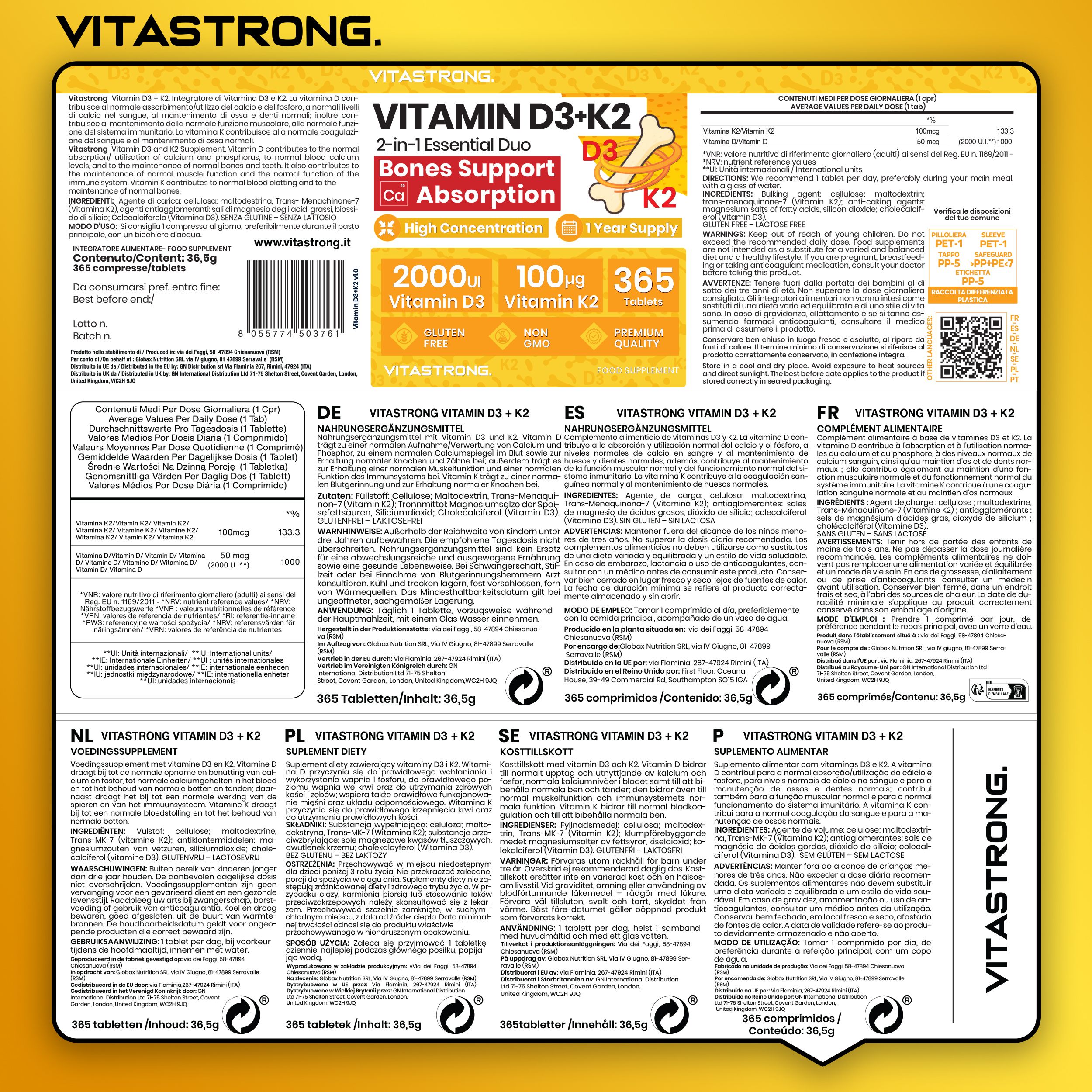 Dos de l'emballage Vitastrong Vitamine D3 + K2. Texte en allemand, anglais, français, italien, néerlandais, polonais, suédois, portugais.