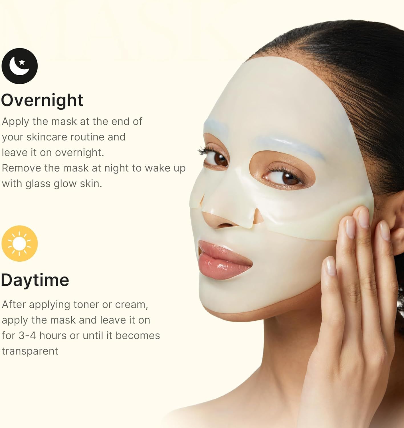 Femme portant un masque facial, instructions d'application.