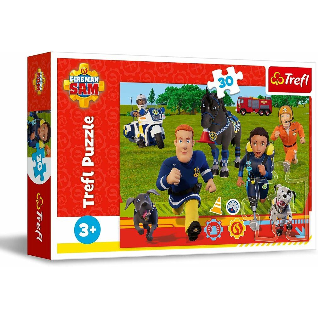 Puzzeldoos met Sam de brandweerman. Opschrift: 30 stukjes, logo Trefl. Afbeelding van de puzzelstukjes met figuren en voertuigen.