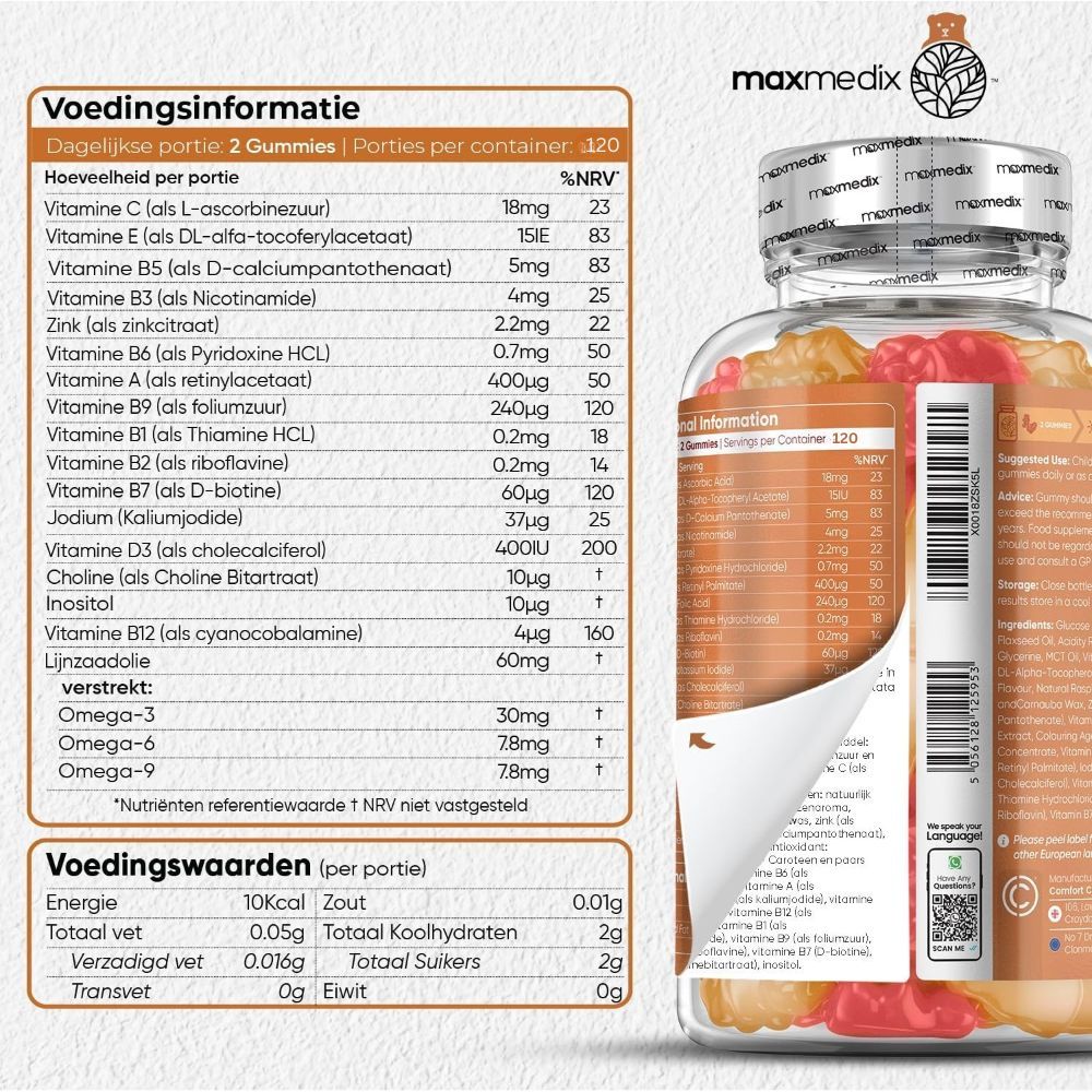 Voedingswaarde-informatie voor multivitamine gummies. Tekst: 2 gummies per portie. Vitaminen en mineralen. Voedingswaarden.