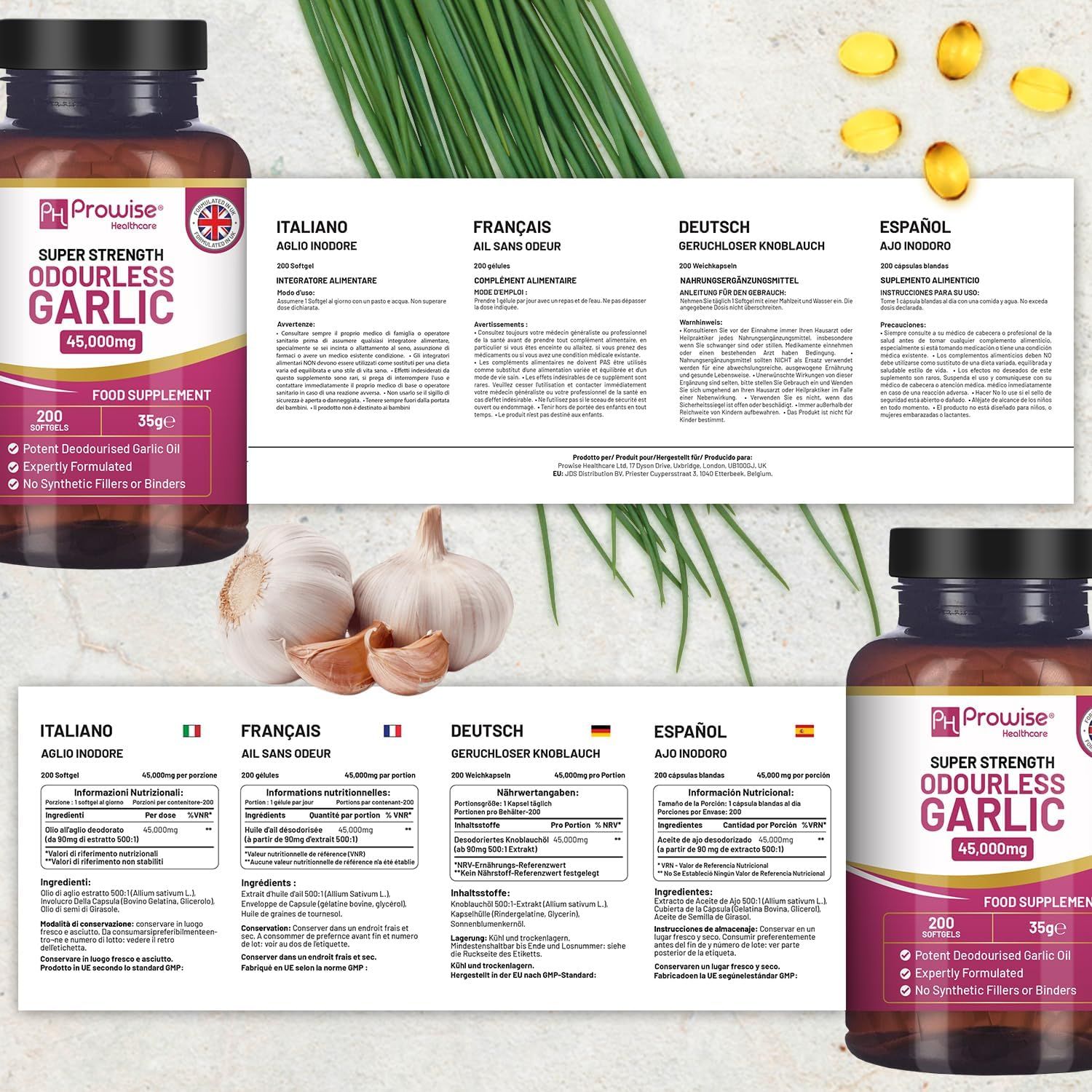 Deux flacons de gélules. Inscription: Super Strength Odourless Garlic. 200 gélules, 45 000 mg. Complément alimentaire. Texte multilingue.