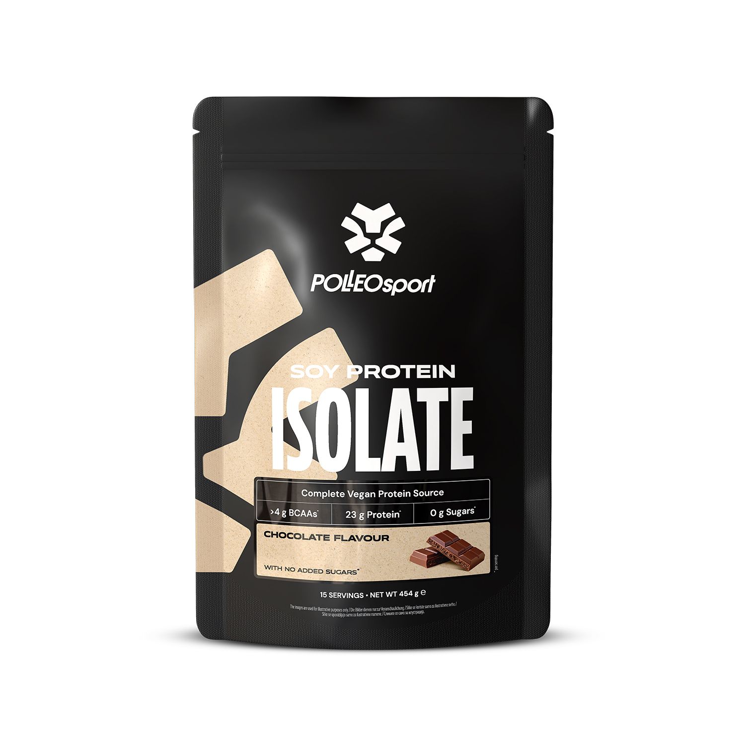 Zwarte zak PolleoSport Me:First Soy Protein Isolate. Chocoladesmaak. Opschrift: Complete Vegan Protein Source. Zonder toegevoegde suikers.