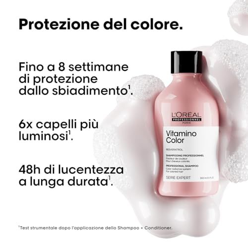 Flacon de shampooing rose, bouchon noir. Texte: L'Oréal, Vitamino Color. Mousse et texte.
