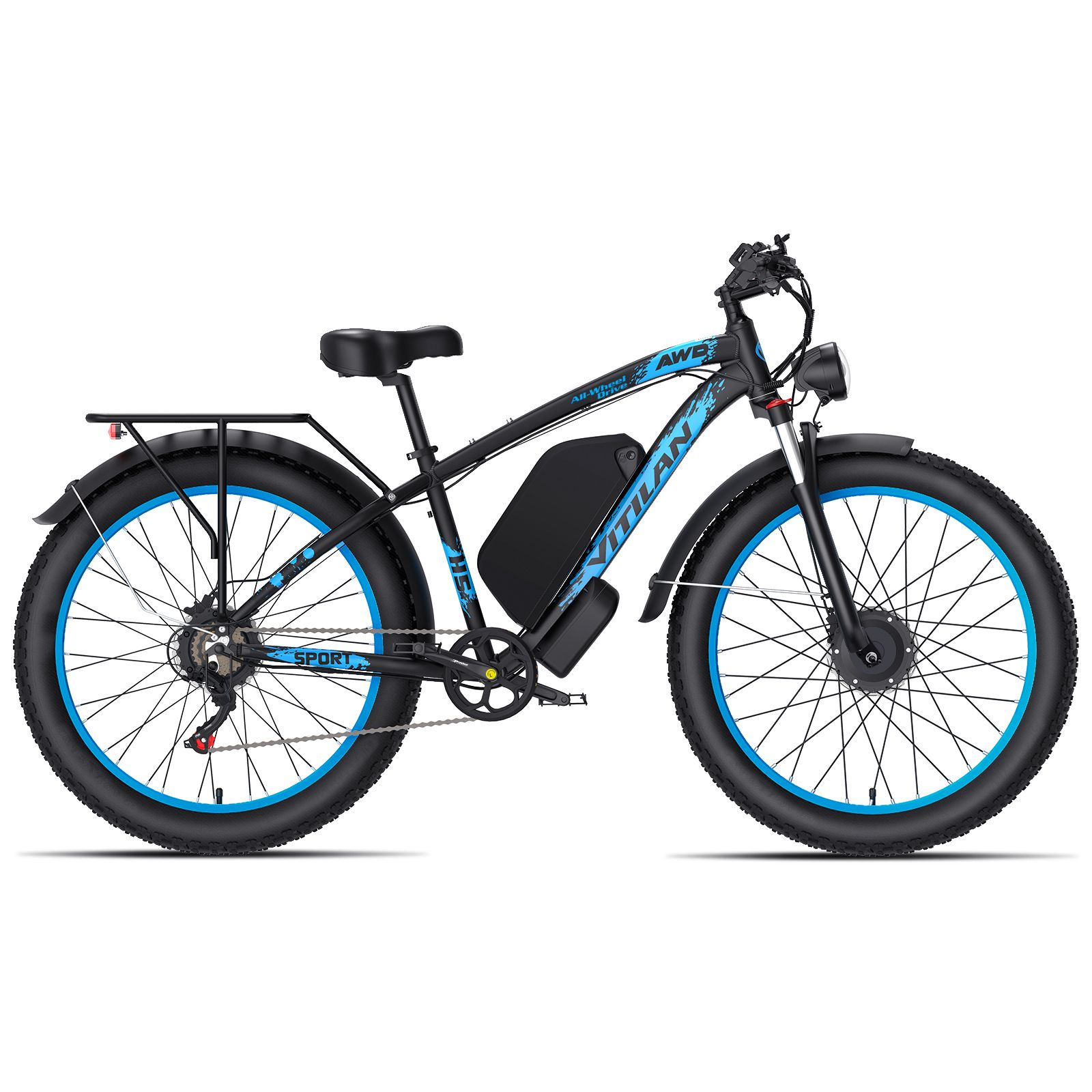 Vélo électrique noir avec jantes bleues. Marque Vitilan. Porte-bagages et phare visibles.