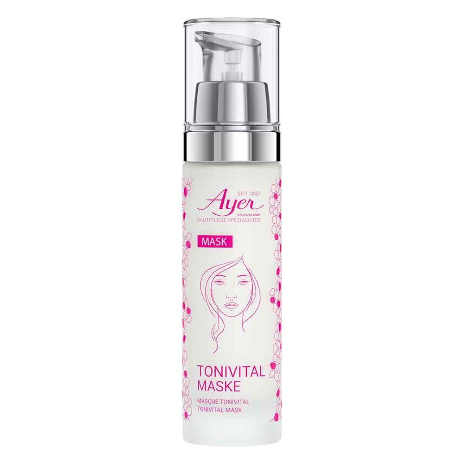 Flacon Ayer Tonivital Maske avec pompe doseuse. Design rose et blanc. Texte: Mask, Tonivital Maske, pour tous types de peau.