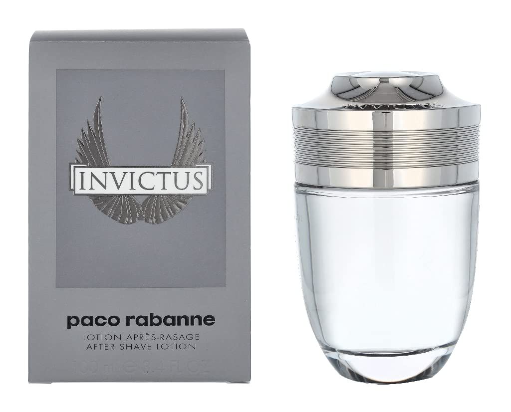 Boîte grise et flacon. Flacon avec bouchon argenté et liquide clair. Logo "Invictus" sur la boîte.