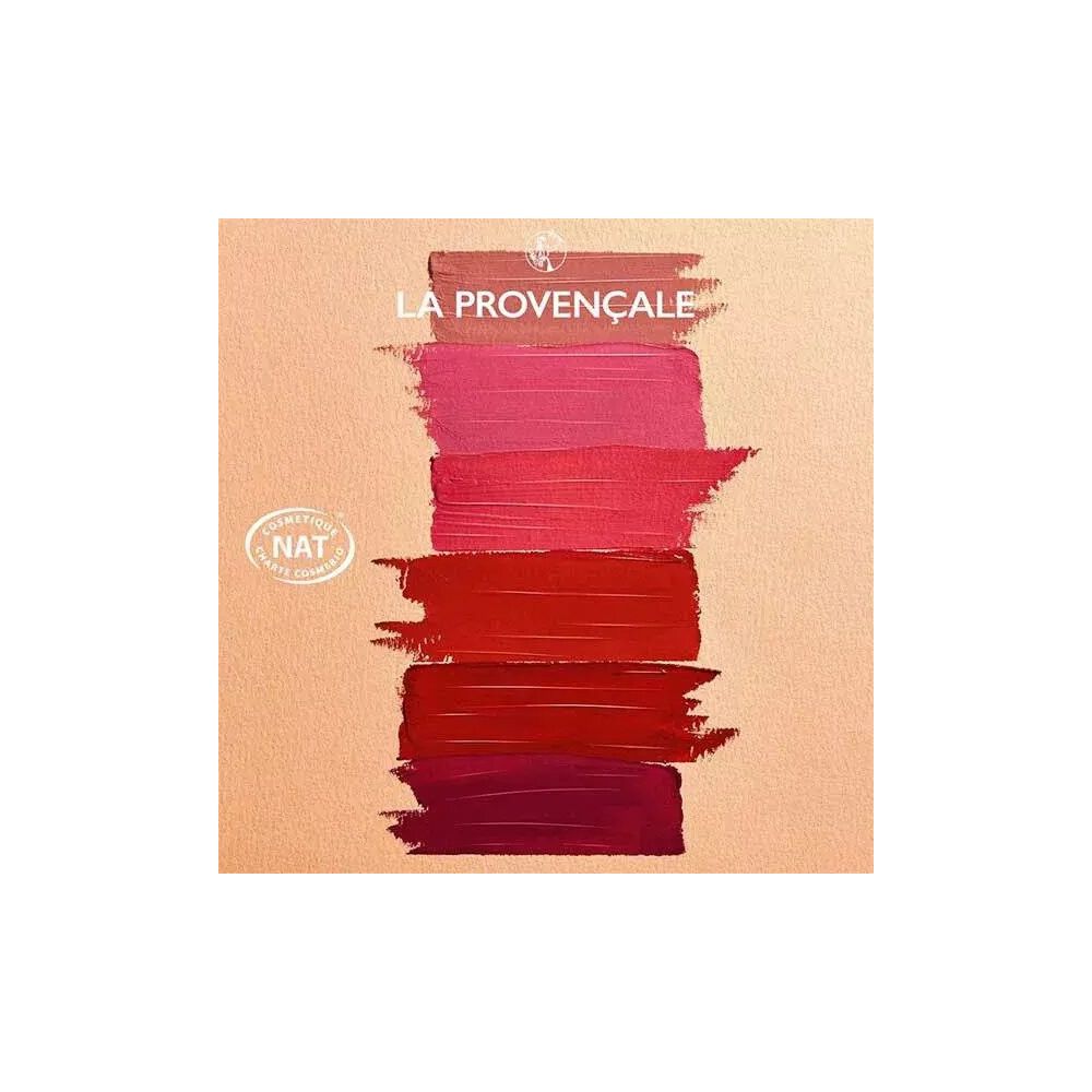 Échantillons de gloss de différentes teintes rouges. Inscription: La Provençale. Certification NAT.