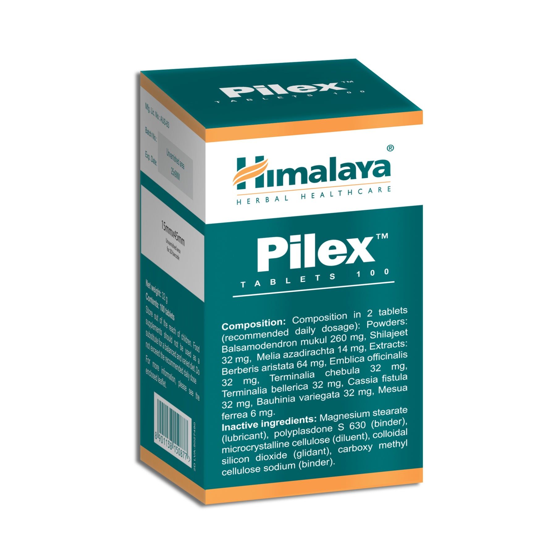 Emballage de 100 comprimés Himalaya Pilex. Contient la composition et les ingrédients.