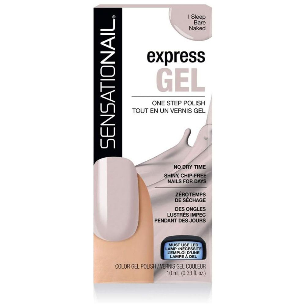 Emballage de vernis à ongles Sensationail Express-Gel. Montre un échantillon d'ongle verni et des informations sur le produit.