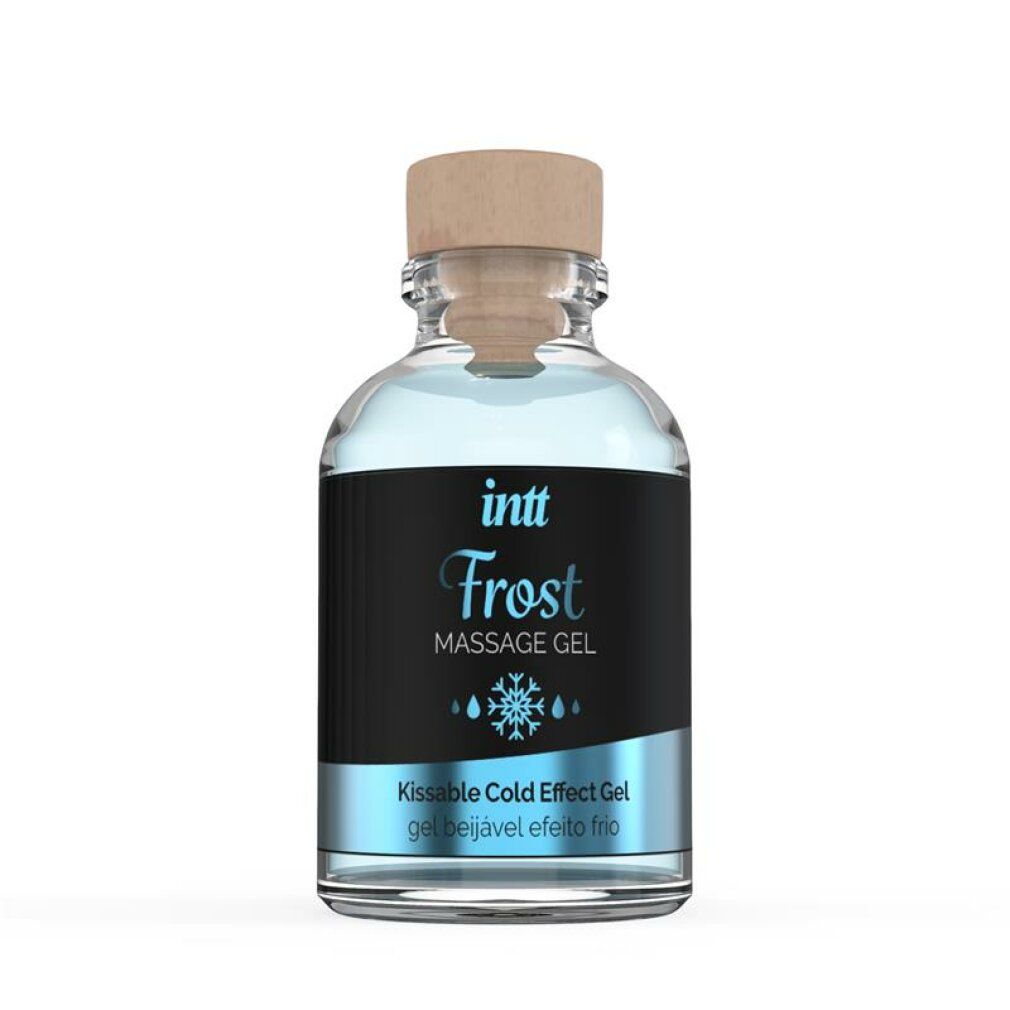 Fles Intt Frost massagegel met kurken dop. Verkoelend effect.