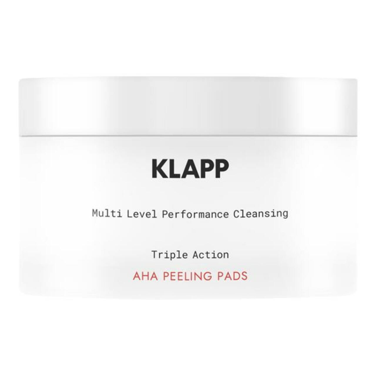 Produit blanc Klapp. Inscription : Multi Level Performance Cleansing, Triple Action, AHA PEELING PADS.