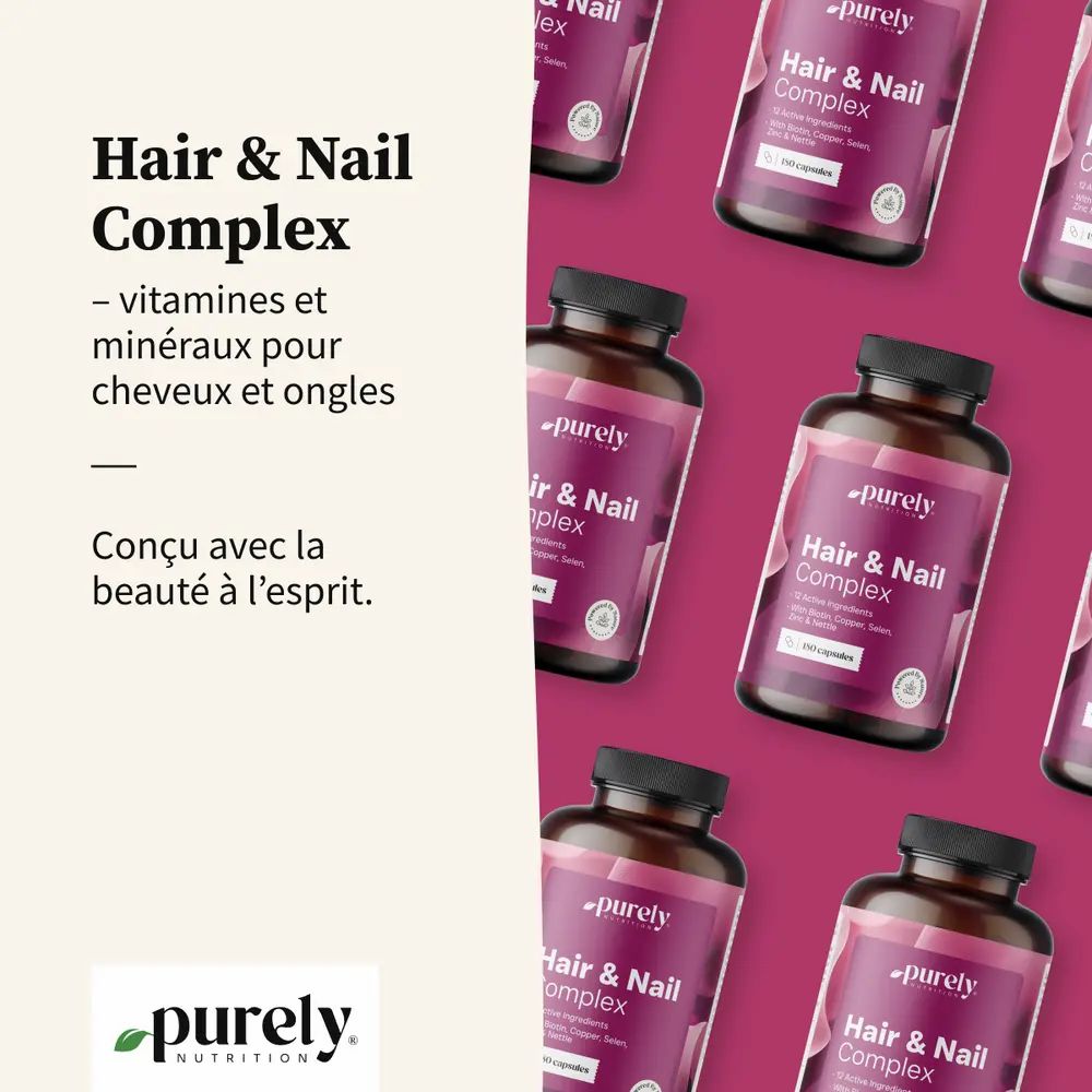 Bouteilles de complément alimentaire 'Hair & Nail Complex' de Purely Nutrition.