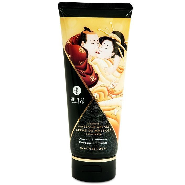 Shunga massagecrème met amandelsmaak, fles met Japanse kunstafbeelding.