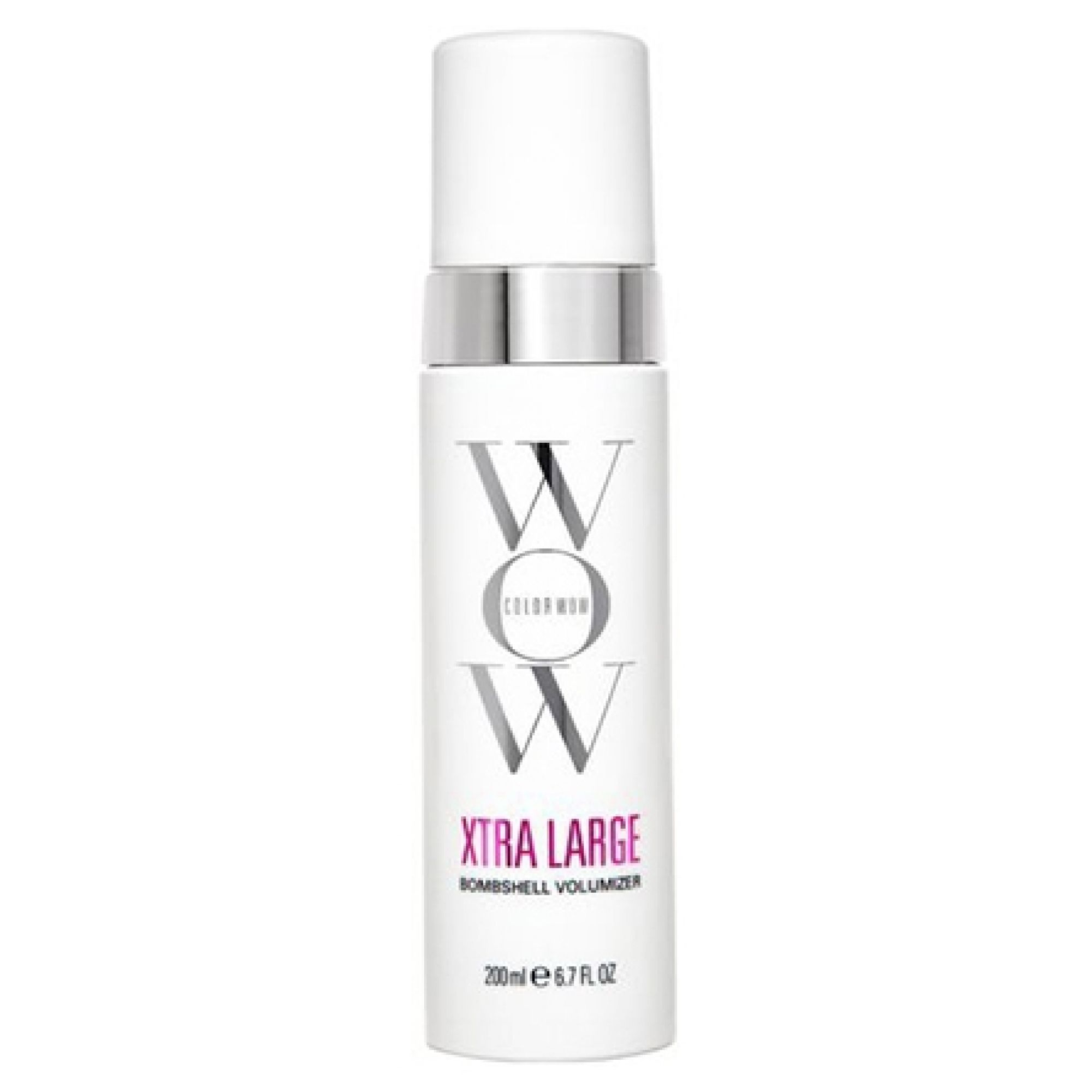 Flacon blanc avec anneau argenté, affiche 'WOW' et 'XTRA LARGE BOMBSHELL VOLUMIZER'. 200ml.