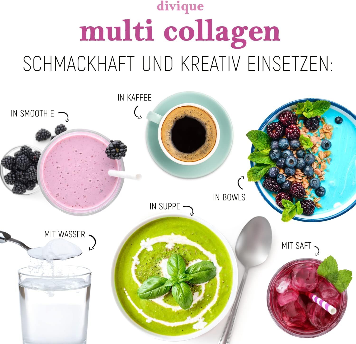 Verschillende bereidingen met poeder: smoothie, koffie, bowls, soep, water, sap. Tekst: divique multi collagen.