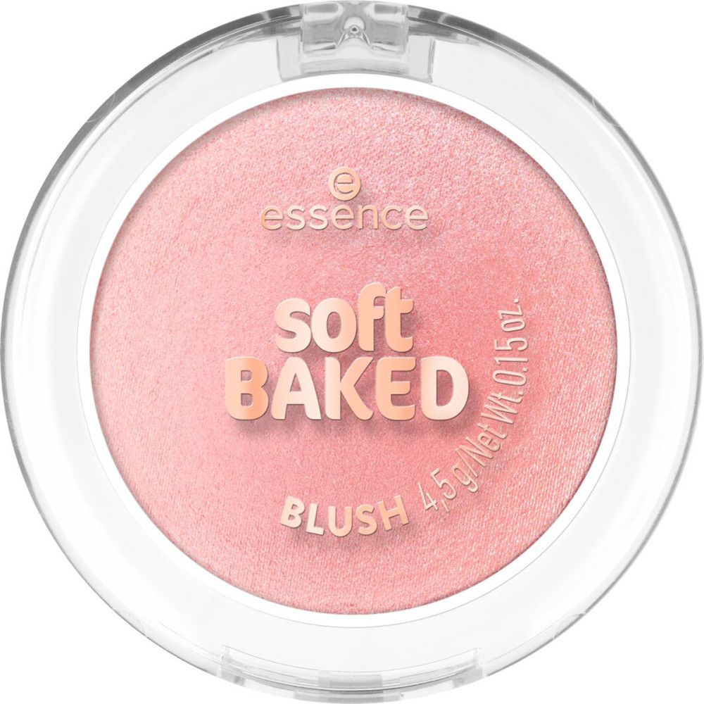 Fard à joues rose en poudre dans un boîtier transparent. Inscription : Essence, Soft Baked Blush.