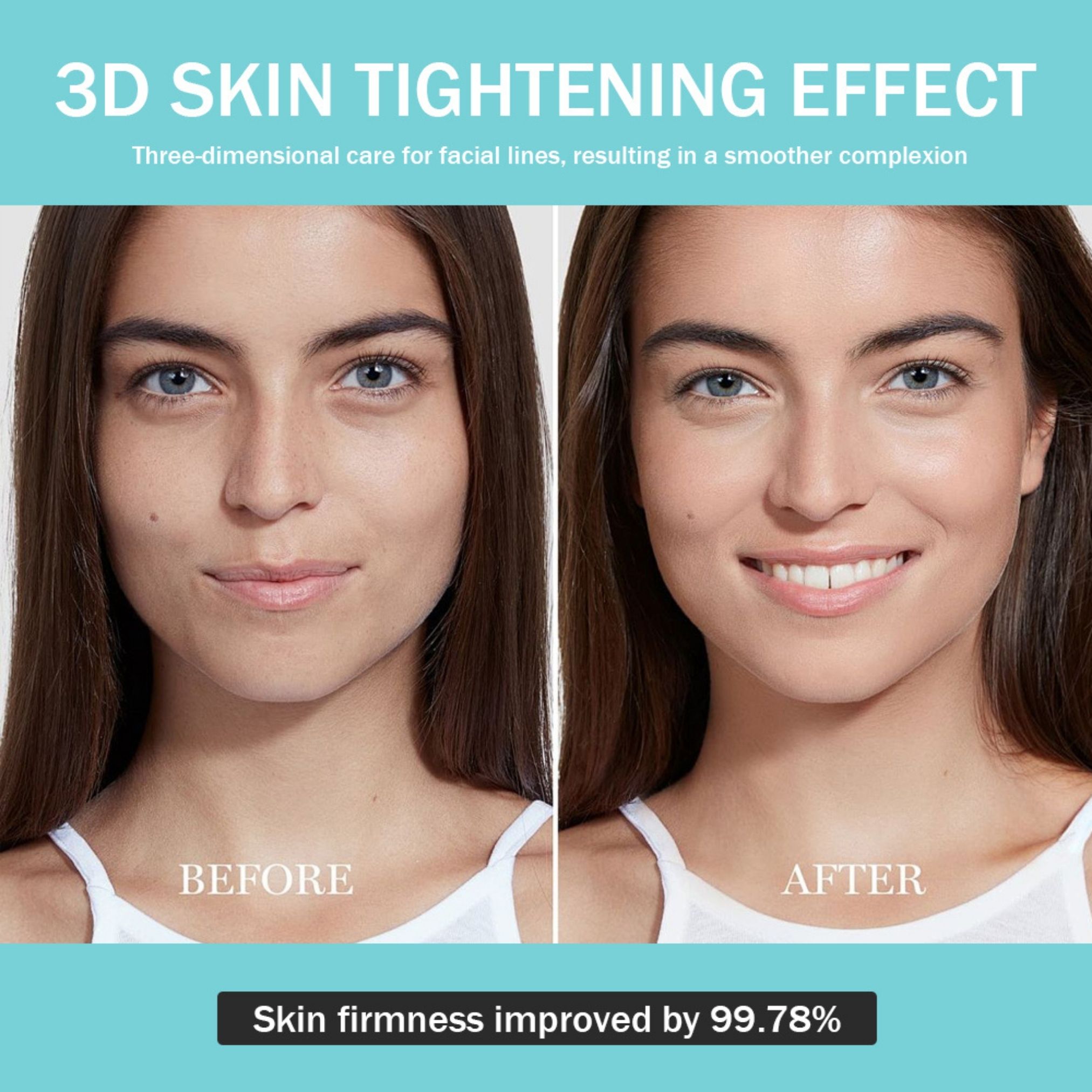 Voor-en-na vergelijking van gezichten. Tekst: 3D Skin Tightening Effect. Verbetering van de huidstevigheid met 99,78%.