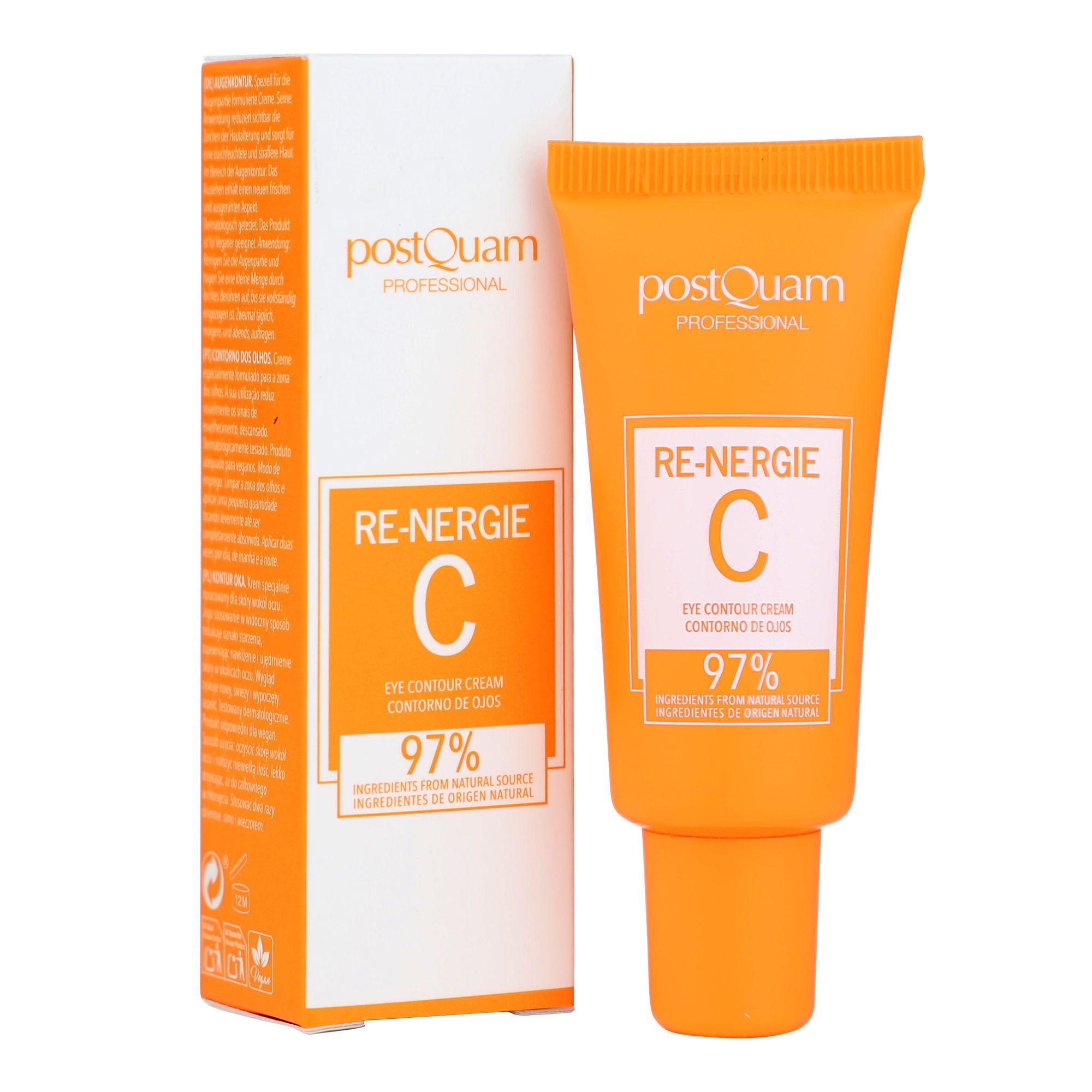 Postquam Re-Nergie C crème contour des yeux et emballage. Tube et boîte orange avec texte. 97% ingrédients d'origine naturelle.