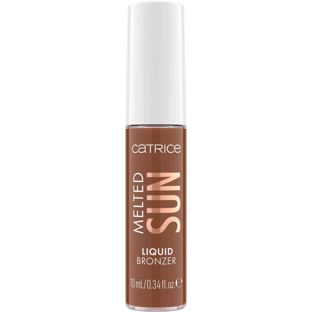 Bronzer liquide en flacon marron avec bouchon blanc. Inscription: Melted Sun, Liquid Bronzer.