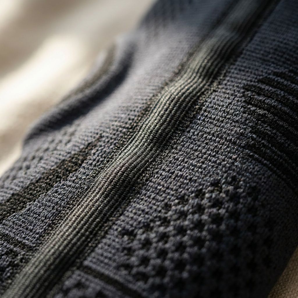 Gros plan de l'attelle de coude. Matériau noir texturé avec coutures verticales. Vue détaillée.