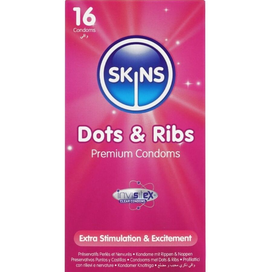 Roze verpakking van SKINS Dots & Ribs condooms, 16 stuks. Tekst en logo's zichtbaar.