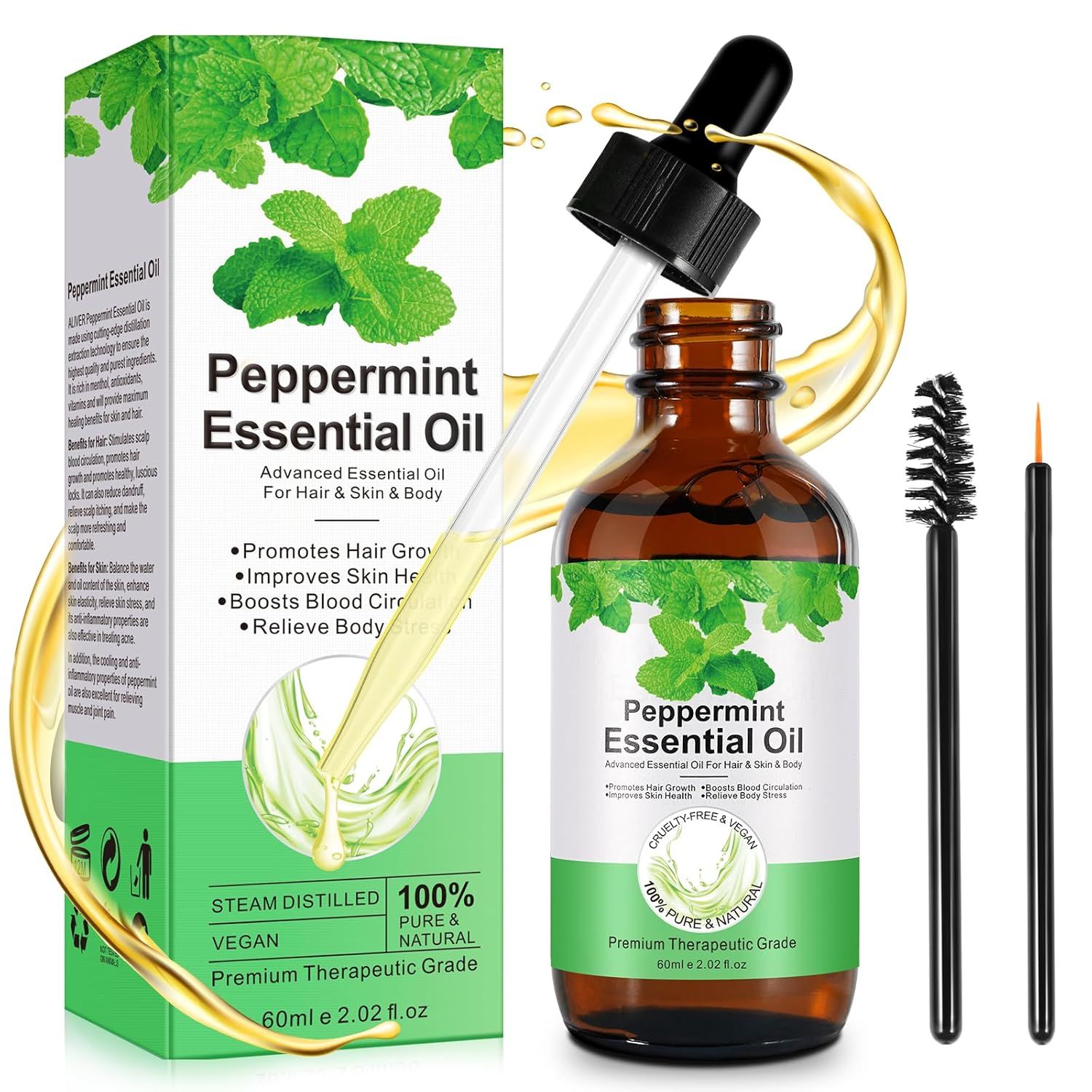 Bruine glazen fles met pipet en essentiële olie. Groene verpakking met productnaam en muntbladeren. Inclusief borstels en applicator.