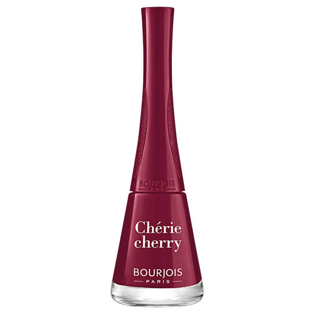 Flacon de vernis à ongles rouge cerise, texte blanc. Marque: Bourjois Paris. Nom: Chérie Cherry.