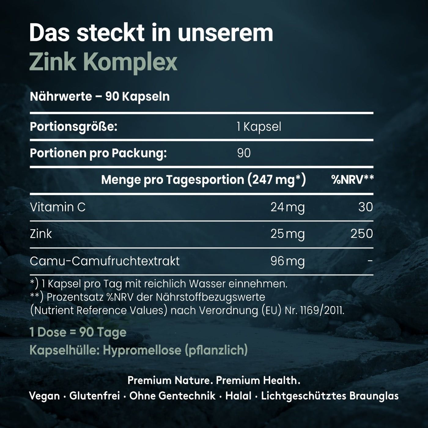 Voedingstabel: Zink Komplex. 90 capsules. Per portie: 1 capsule. Ingrediënten: vitamine C, zink, camu-camu fruitextract. Capsulehuls: hypromellose.