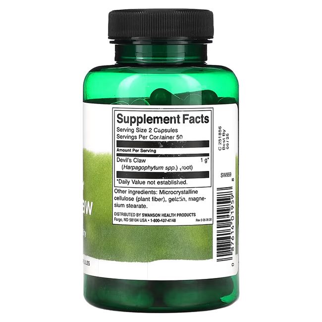 Groene fles met zwarte dop. Achterkant met voedingsfeiten: Devil's Claw, 1g per portie, ingrediënten.