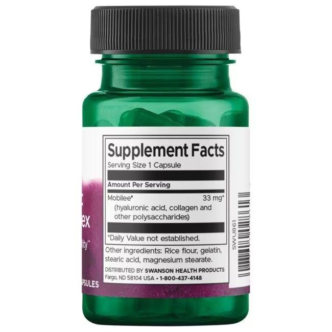 Dos de la bouteille verte. Étiquette avec informations nutritionnelles. Contient acide hyaluronique, collagène et autres polysaccharides.