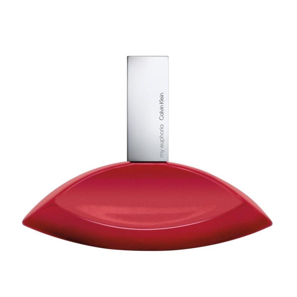 Flacon rouge avec bouchon argenté. Inscription: my euphoria Calvin Klein.