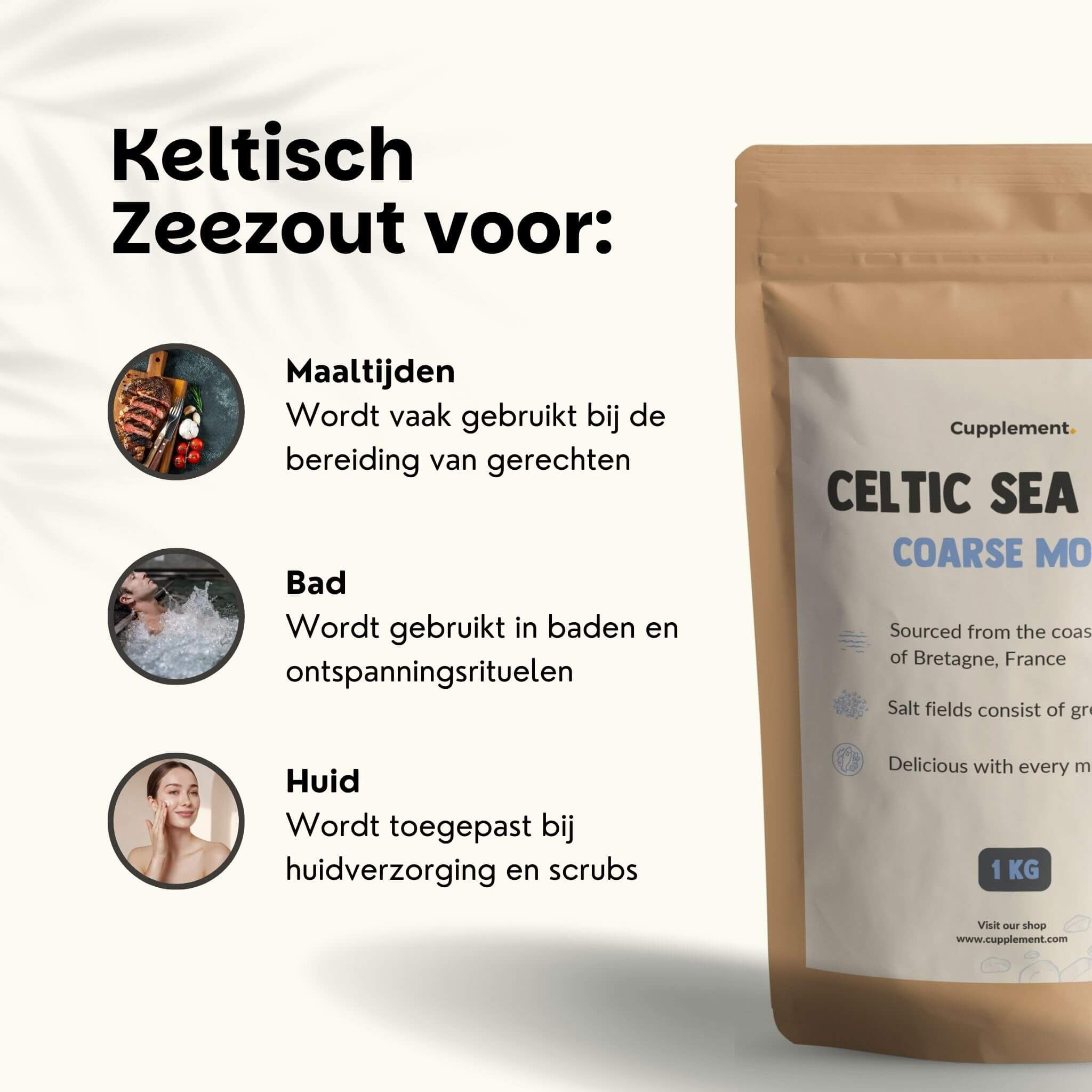 Zak Keltisch zeezout, 1 kg. Bruine verpakking met wit etiket. Tekst: 'Keltisch zeezout voor: Maaltijden, Bad, Huid'.