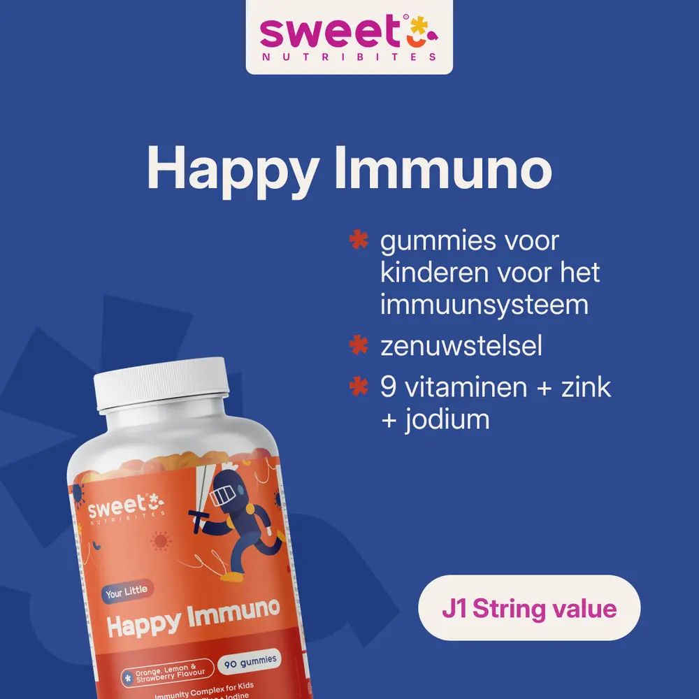 Fles Happy Immuno. Label met productnaam en illustratie. 90 gummies. Blauwe achtergrond.