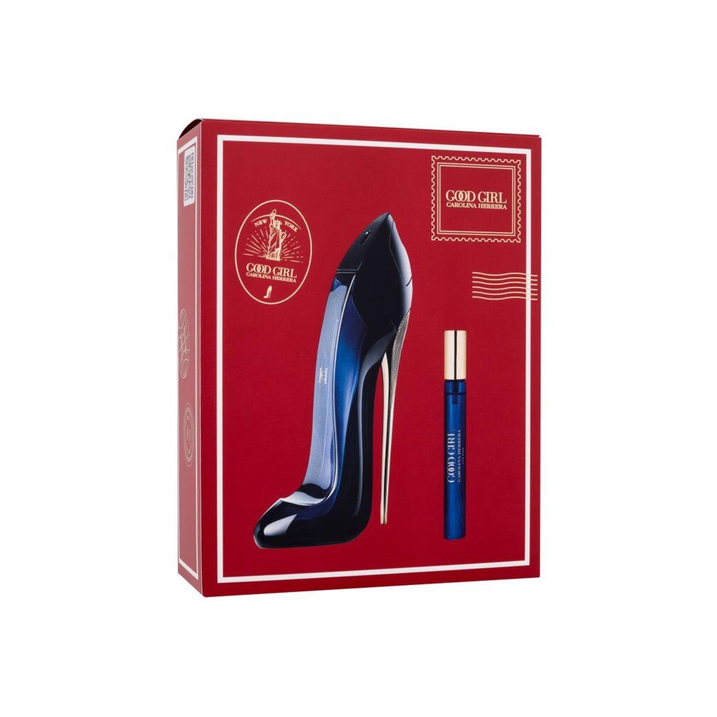 Coffret cadeau Carolina Herrera Good Girl avec flacon de parfum en forme de chaussure et petit roller.