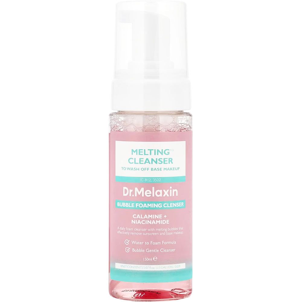 Nettoyant moussant Dr. Melaxin dans un flacon pompe rose avec un capuchon transparent.