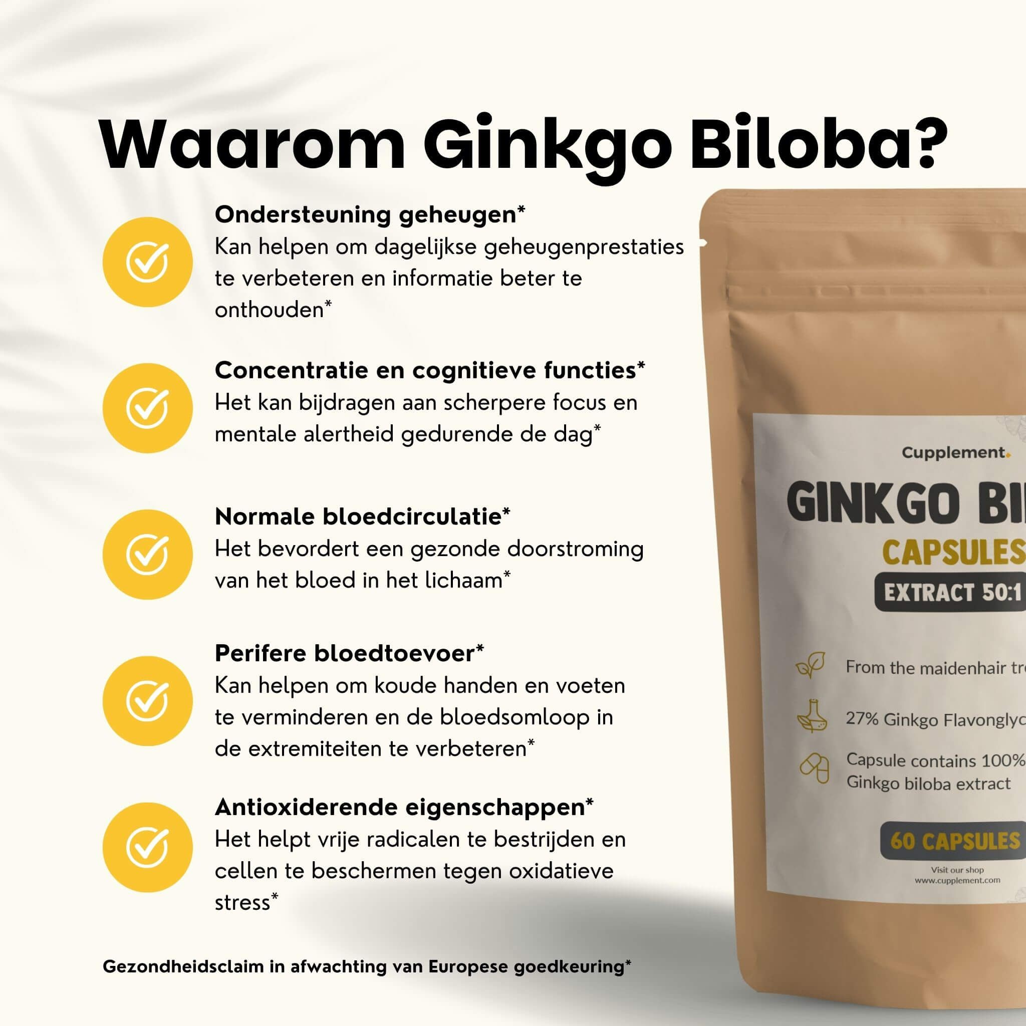 Zakje met Ginkgo Biloba capsules. Tekst: 120 mg per capsule, voor 1 maand doseringen, verpakking past door de brievenbus.