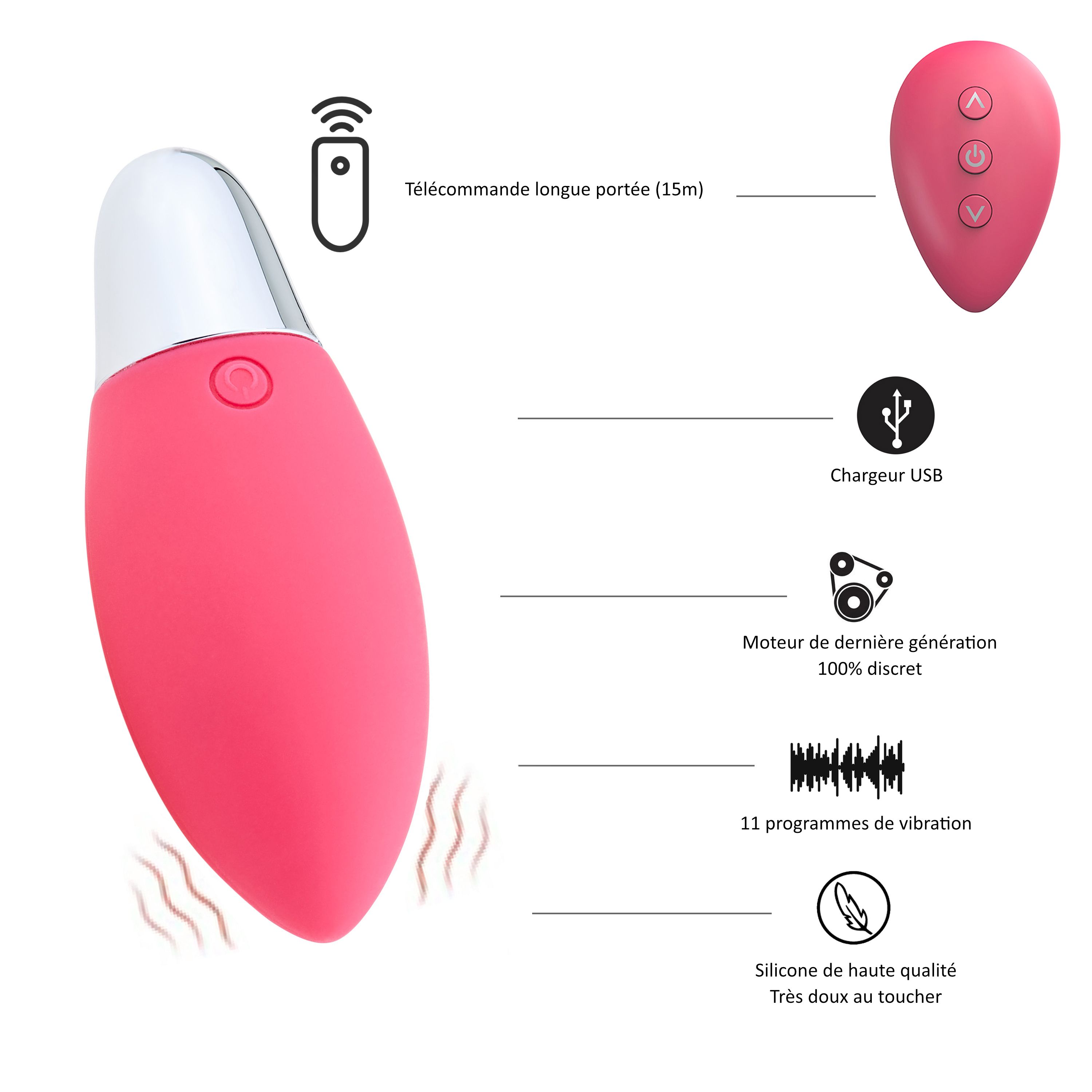 Œuf d'amour rose avec télécommande, chargeur USB, 11 programmes de vibration, silicone.