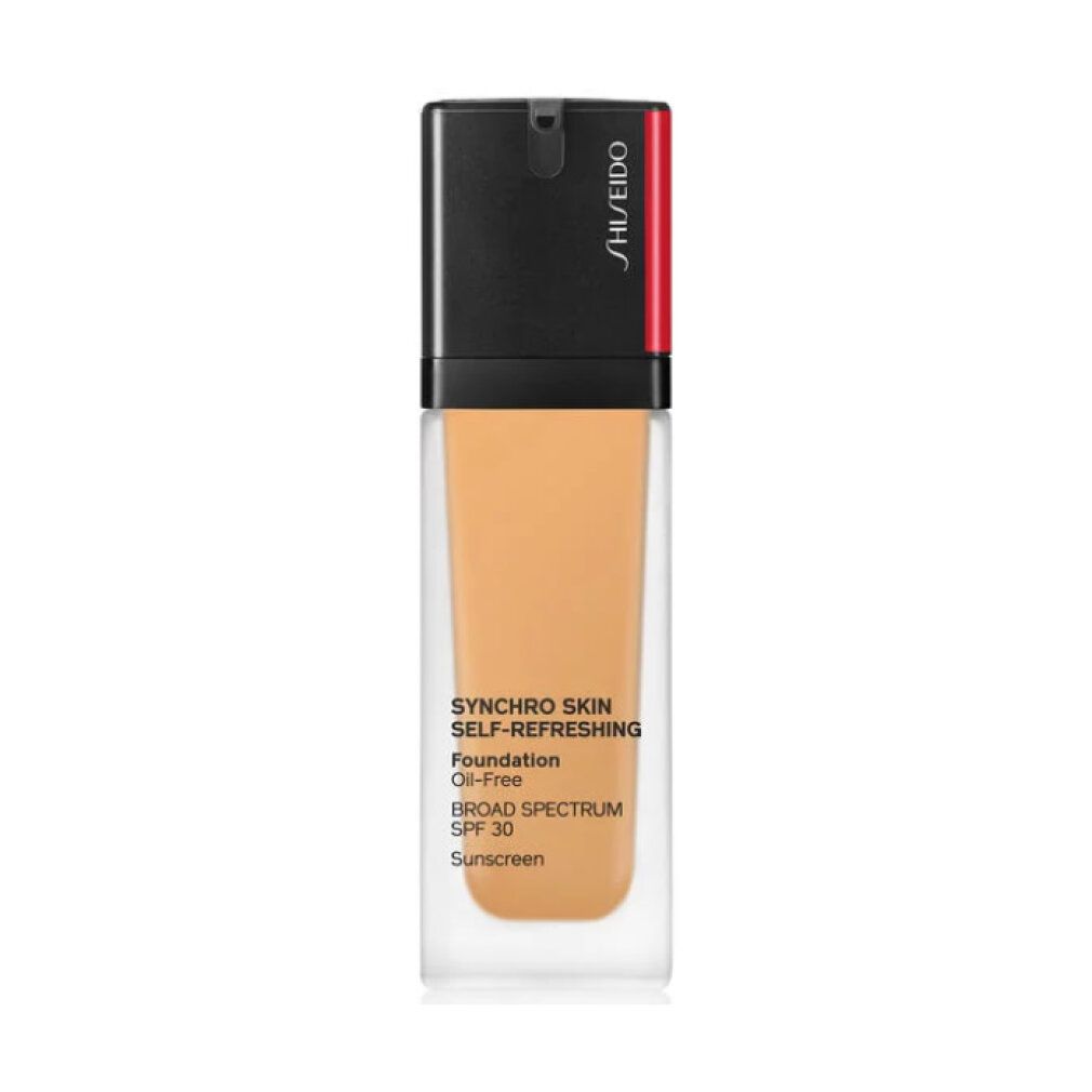 Vloeibare foundation in rechthoekige glazen fles met zwarte dop. Tekst: Synchro Skin Self-Refreshing, Foundation, Oil-Free, SPF 30, Sunscreen.