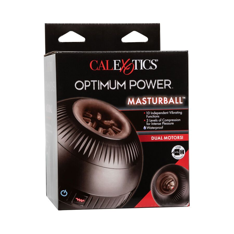 Verpakking Calexotics Masturball Optimum Power met dubbele motoren, 10 vibratiefuncties en 3 compressieniveaus.