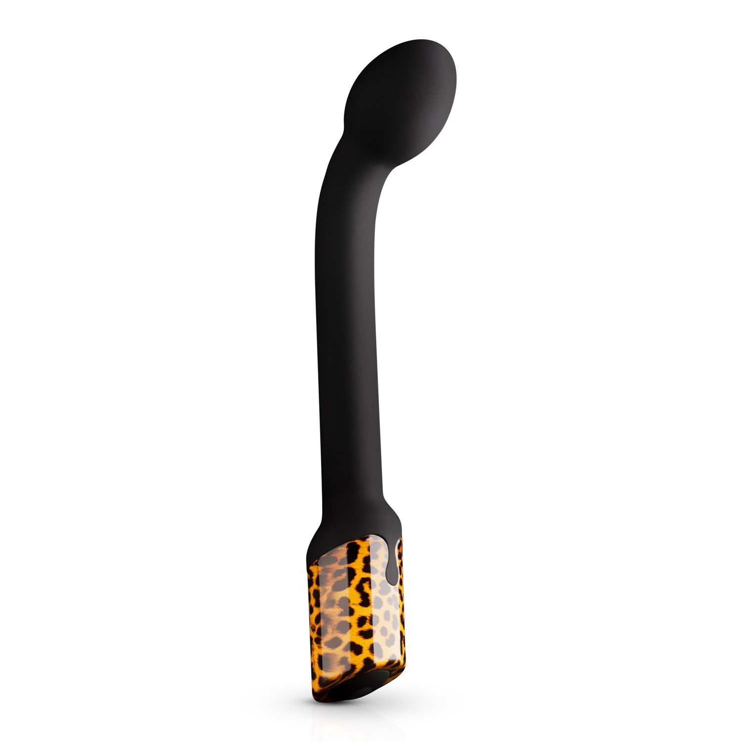 Vibrateur noir incurvé avec base à motif léopard, sur fond blanc. Le produit est présenté seul.