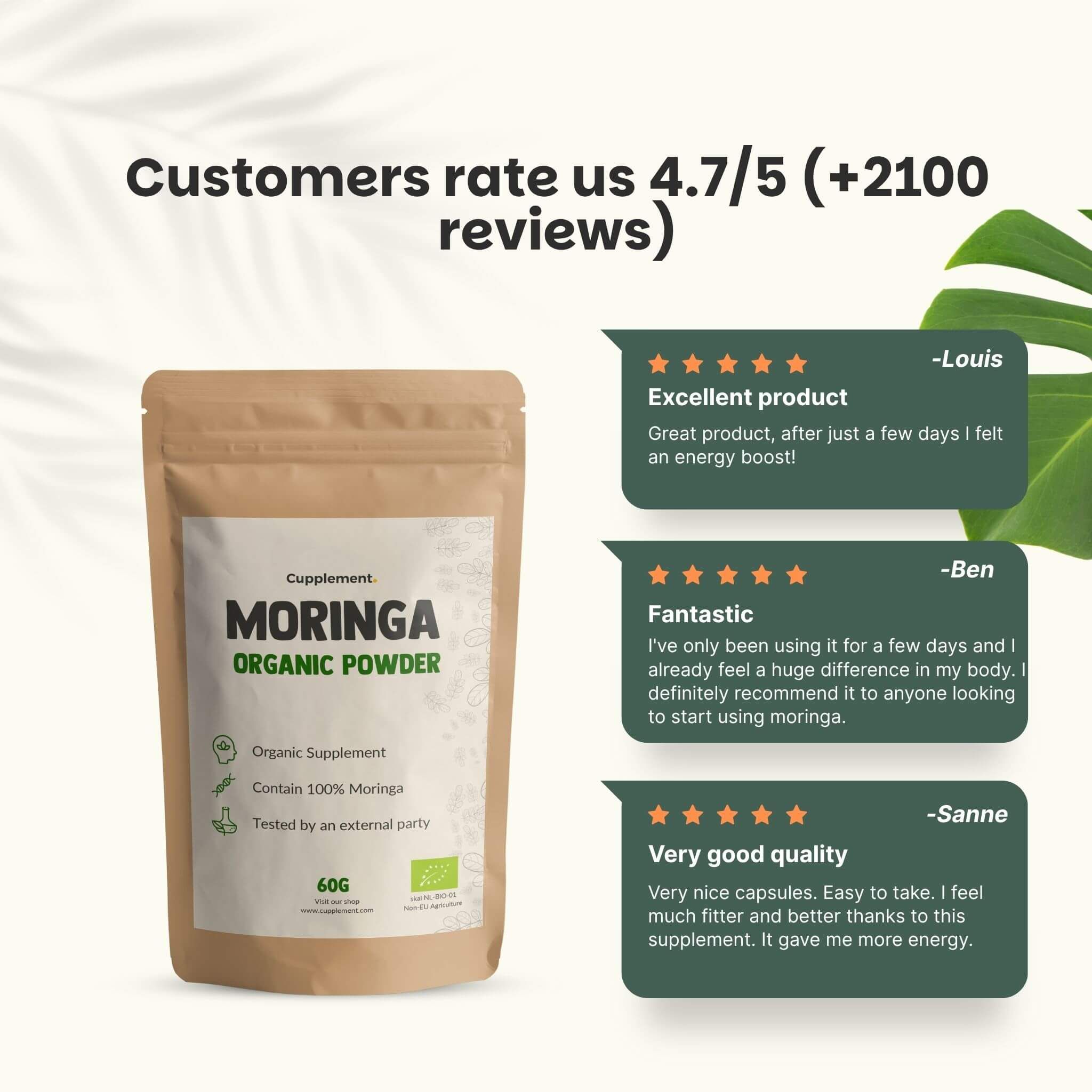 Avis clients pour Cupplement Moringa BIO. Sachet brun. Texte : 4,7/5 étoiles, 60g. Évaluations produit.