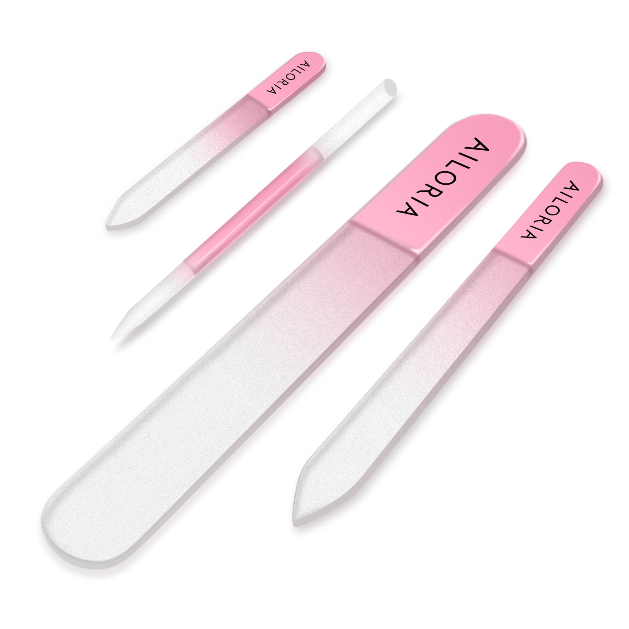 Vier glazen nagelvijlen in verschillende vormen. Roze accenten met merknaam. Op witte achtergrond.