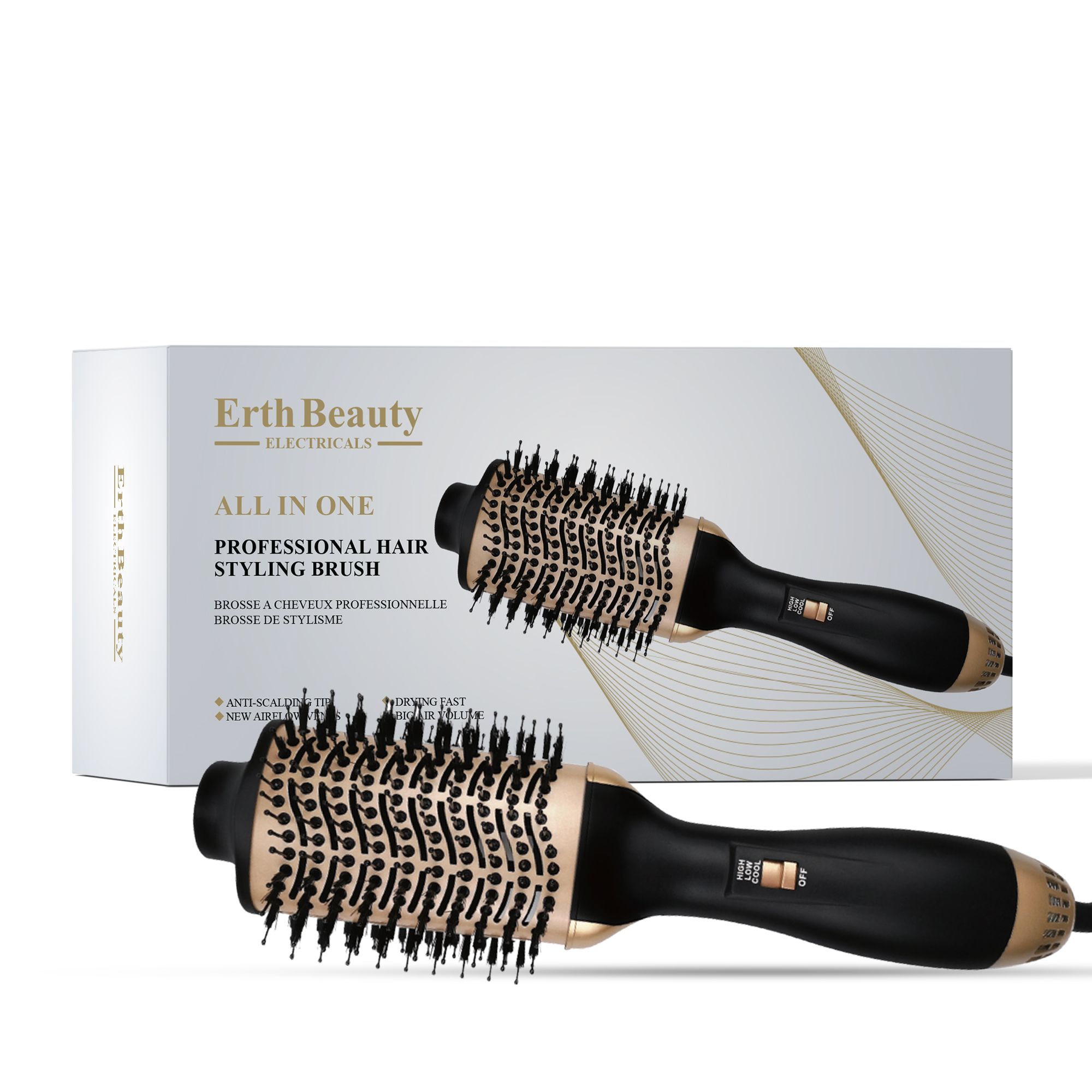 Een haar föhn en styling borstel en de verpakking.