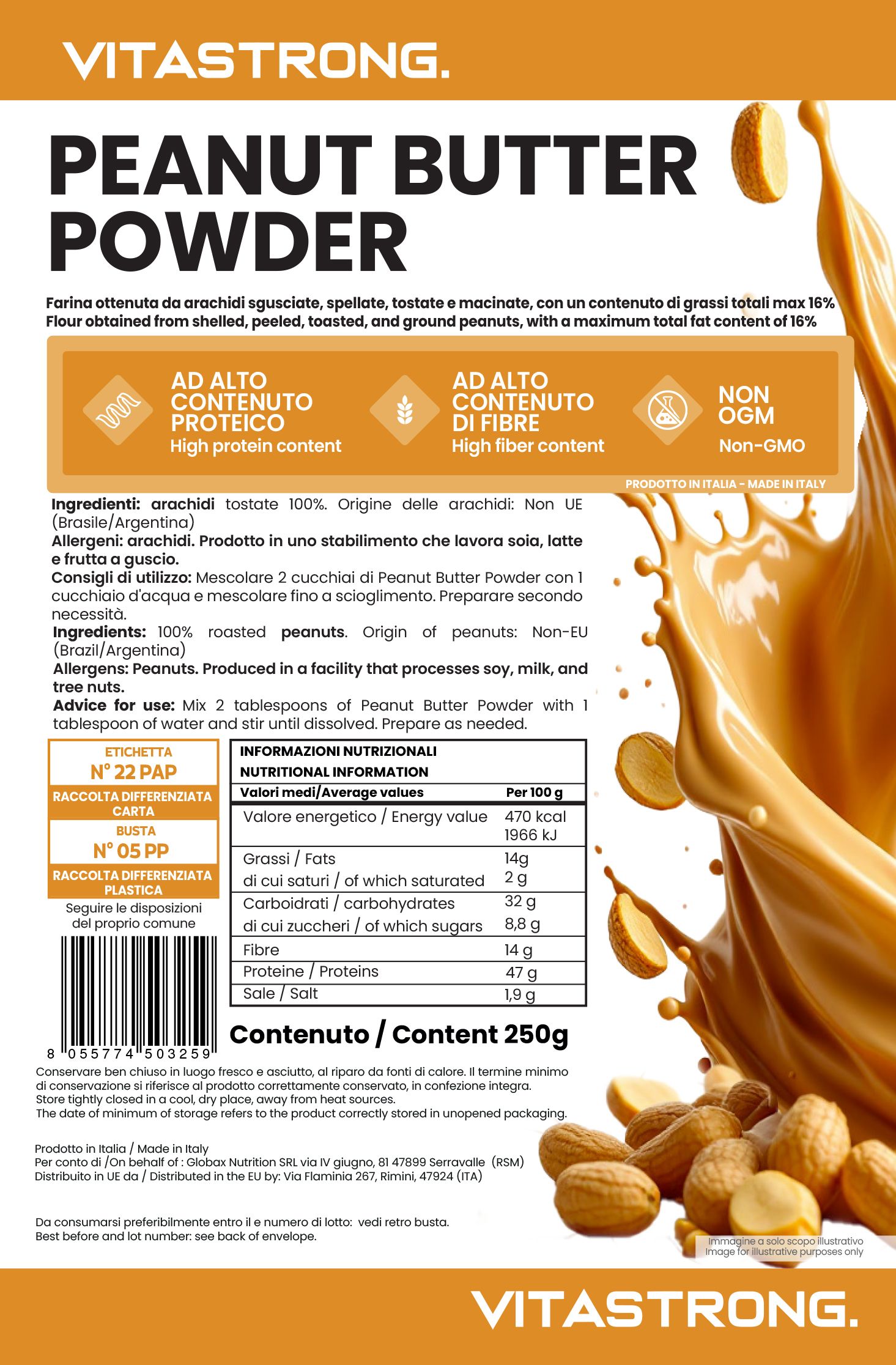 Zak Vitastrong Peanut Butter Powder. Tekst: High Protein, High Fiber, Non-GMO. Inhoud 250g. Pinda's en spatten pindakaas.