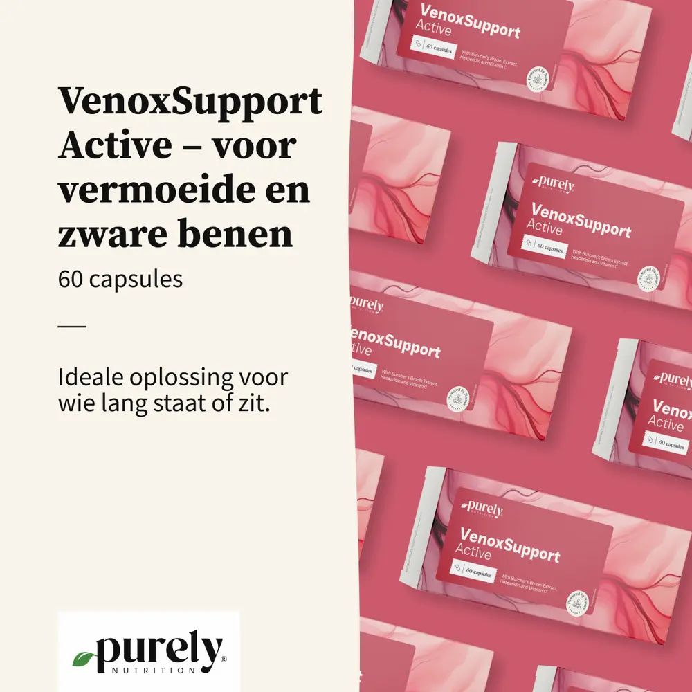 Meerdere verpakkingen VenoxSupport Active. Tekst: VenoxSupport Active - voor vermoeide en zware benen. 60 capsules.